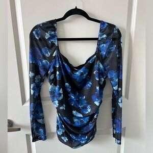New York & Company | Long Sleeve Floral Ruched Mesh Top